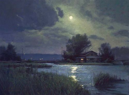 a painting of a moonlit night. the moon is high in the sky, casting its light on a river, a house, and the surrounding trees and grass.
