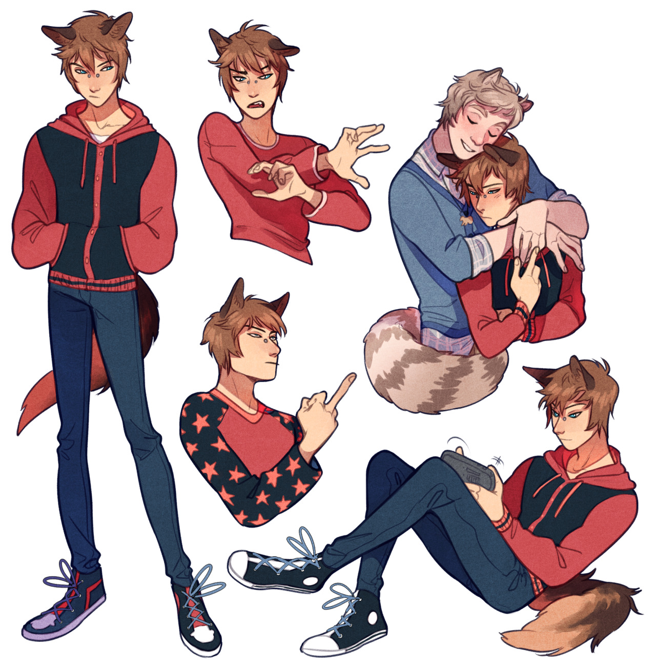 the image showcases a collection of character designs or concept art featuring two young men, likely a couple, depicted with wolflike features such as ears and tails. they are illustrated in various poses and outfits.