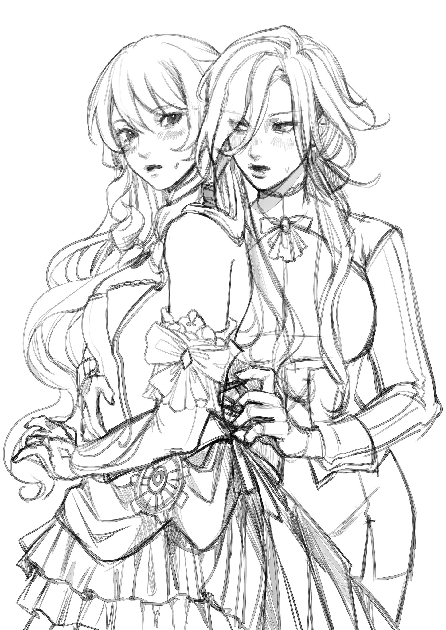 this is a pencil sketch of two anime girls. they are both facing the viewer and are side by side. the girl on the left is wearing a frilly dress with lace, while the girl on the right is wearing a collared shirt with frills. the girl on the left is smiling and the girl on the right has a slightly closedmouth smile. their arms are wrapped around each other and their hands are clasped together. the art style is manga, and the sketch is drawn in black and white.