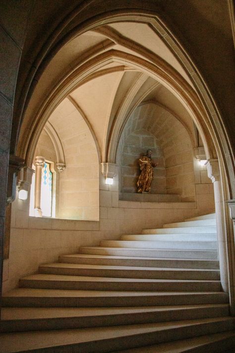 a stone spiral staircase bathed in warm natural light from a stained glass window, accented by artificial lighting. a statue stands on a ledge halfway up the stairs, adding to the historical ambiance. the gothic arches and vaulted ceilings create a sense of grandeur and age.