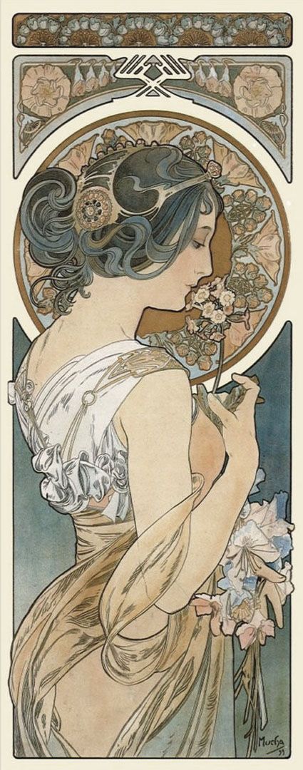 this is an art nouveau illustration by alphonse mucha depicting a woman in profile. she is wearing a flowing dress and a decorative headdress. she is holding a sprig of small white flowers to her nose. the background is a circular pattern with floral designs. the overall composition is vertical, and the artwork is characterized by the intricate ornamentation typical of the art nouveau style.