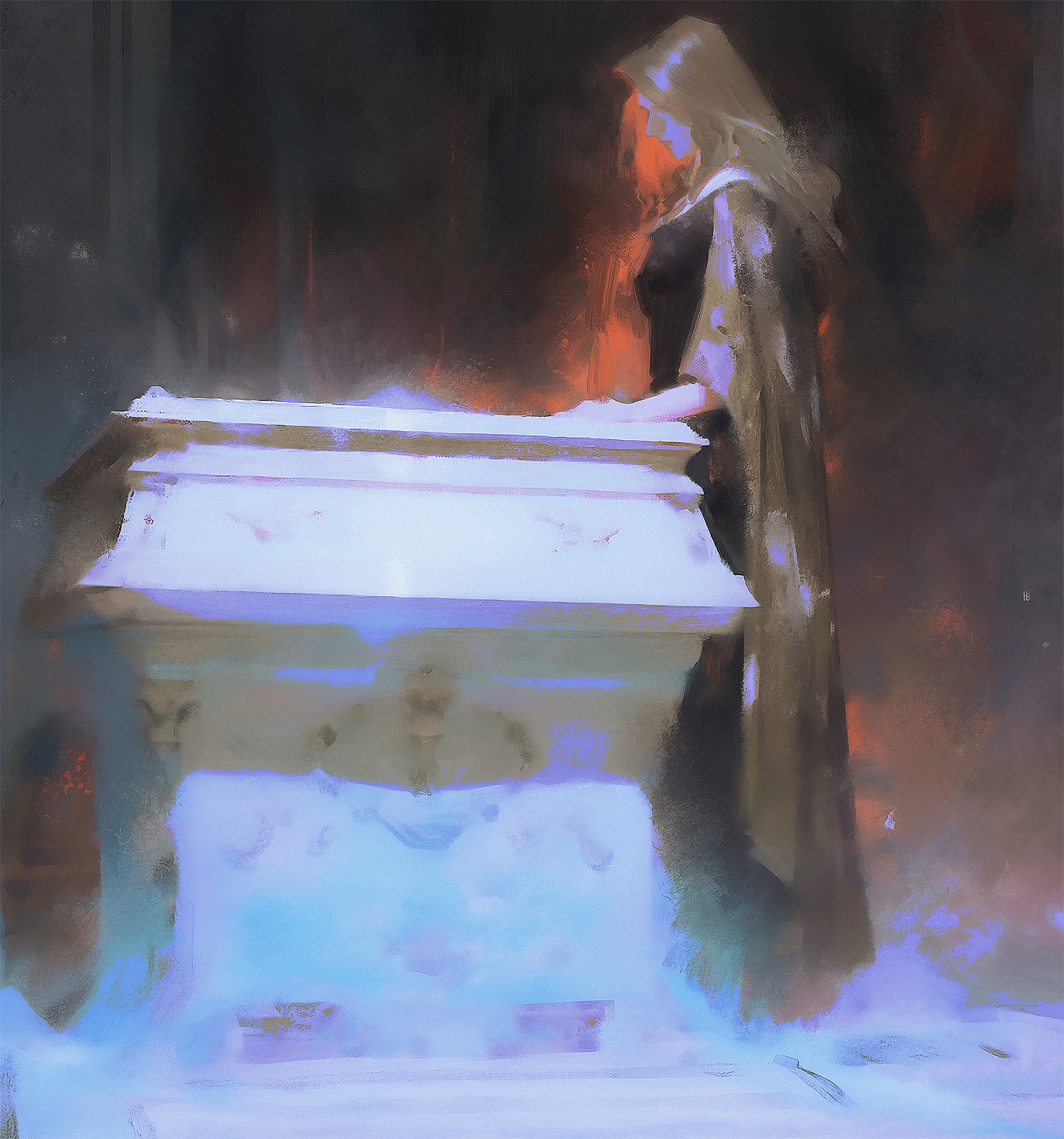 a woman in a long robe stands in front of a stone coffin, her head is bowed in sorrow. the setting is dark and mysterious, with a sense of sadness and loss.