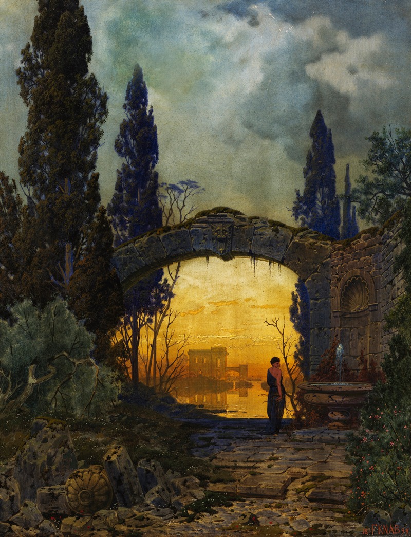 the painting depicts a landscape with architectural ruins under a dusky sky. a woman stands near a fountain within a ruined archway, looking out towards a building reflected in the water. tall cypress trees frame the scene, and the overall atmosphere is melancholic and serene.