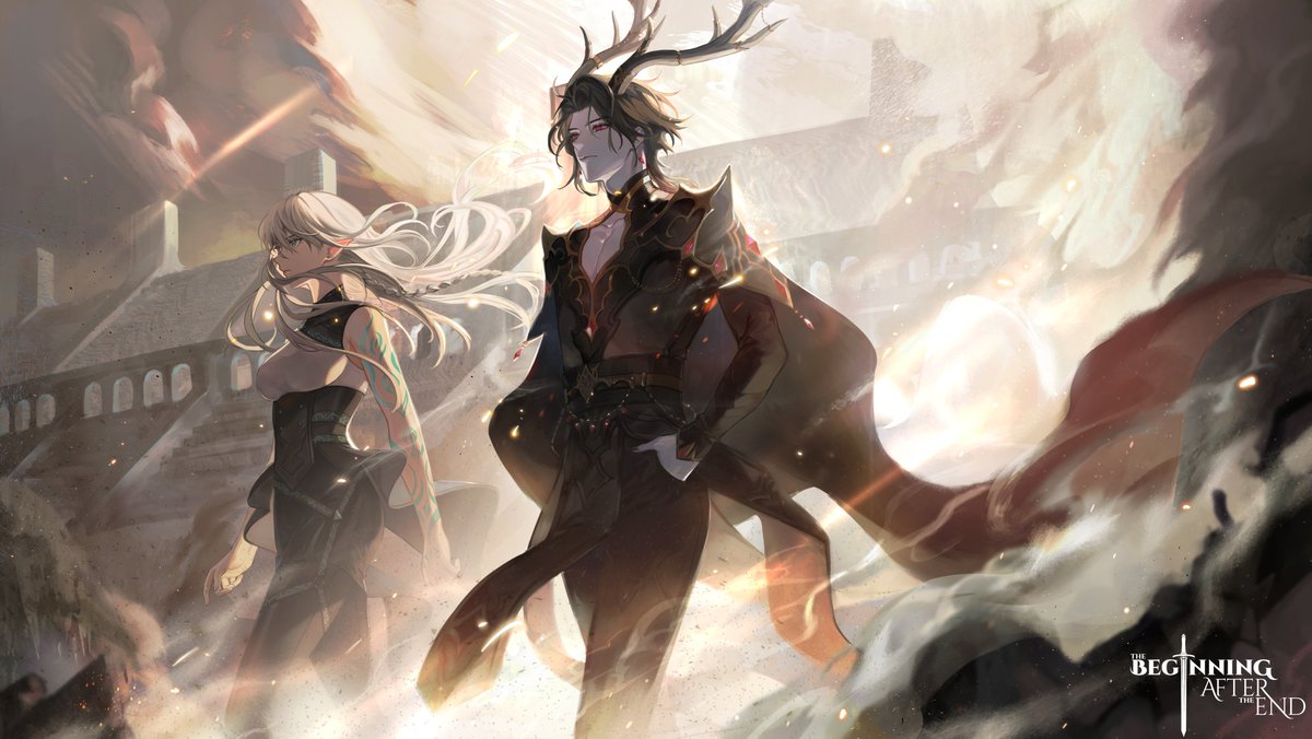 the image depicts two characters from the webtoon "the beginning after the end".  the man on the right has antlers, and the woman on the left has long white hair.  both are wearing dark clothing and standing in front of a large building, with smoke and fire all around them.  the man holds a sword in his hand.  the background is a bright light and smoke. the image is dramatic and epic, with a sense of power and mystery.