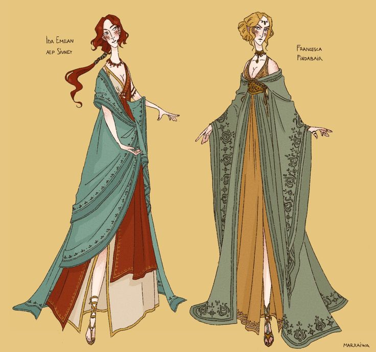 the image shows two character designs of women wearing elegant gowns. on the left is ida emean aep sivney with red hair, adorned with a shawllike garment over a red dress. on the right is francesca findabair, a blonde woman wearing a similar style gown, with a long wraplike garment over a golden dress. both women are wearing jewelry and sandals, and the artwork is signed "marrawiwa." the background is a light yellow.
