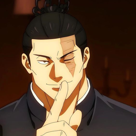 a closeup portrait of an anime man with his index finger held vertically in front of his lips, indicating silence. he has dark hair styled in a topknot, a serious expression, and a prominent scar running down from his forehead, across his left eye, and ending just below his cheekbone. he is wearing a darkcolored collared shirt or jacket. the background is mostly dark and out of focus, with a warm light source illuminating the left side of his face.