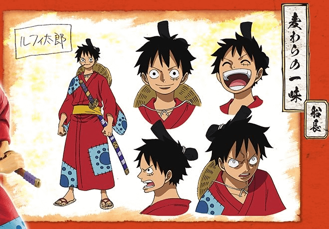 this image is a character design sheet for monkey d. luffy in his wano country outfit from the anime one piece. it showcases his various expressions and his attire, including his signature straw hat and patchedup red kimono. the style is typical of anime character sheets, with clean lines and vibrant colors.