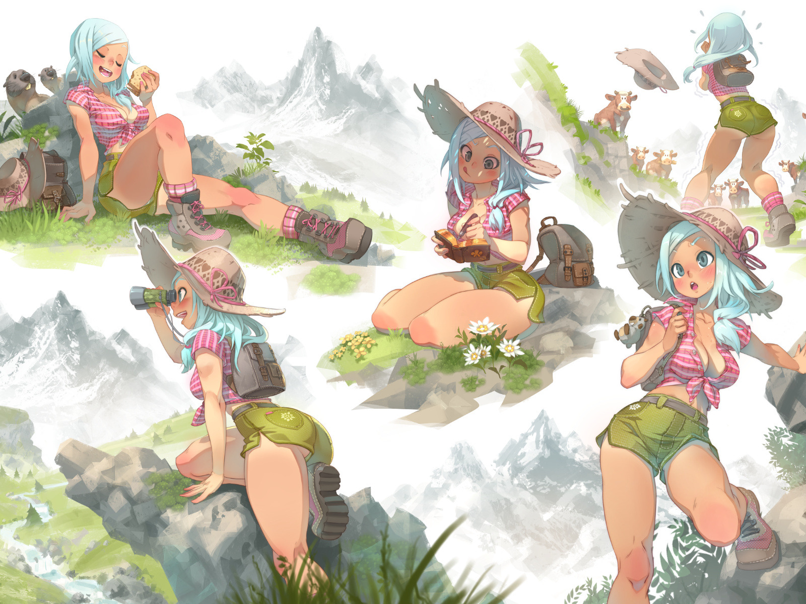 this is an anime illustration of four young women in colorful summer clothes, hiking in the mountains. they are all wearing backpacks and hiking boots. the women are all smiling and seem to be having a lot of fun. the mountains are in the background. the scenery is a mix of green hills and white mountains. the illustration is done in a bright and colorful style.