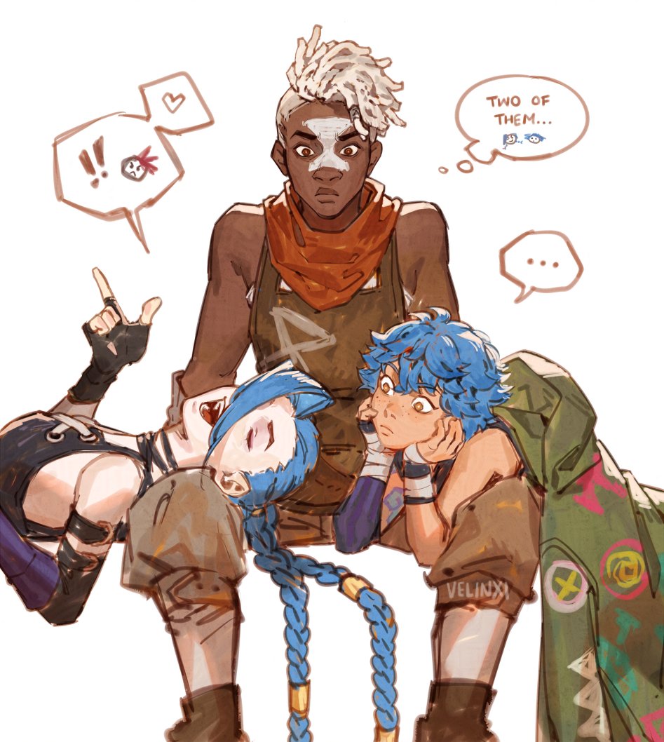the image features a cartoonstyle digital art of the characters from the animated series "arcane." ekko stands behind vi and jinx. ekko has white, styled hair and a brown skin. he wears an orange scarf. vi is positioned on the left with her signature blue hair, and jinx is on the right, also with blue hair. there are speech bubbles above their heads, indicating their thoughts and reactions. the overall art style is indicative of a fanmade illustration or promotional art for the series.
