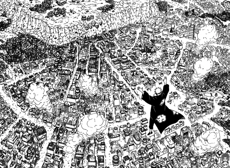this is a black and white illustration of a sprawling cityscape heavily damaged with smoke and debris.  a lone male anime character, wearing a dark cloak with a swirl symbol on the back, stands amidst the destruction with his arm outstretched. the image is drawn in a manga style with high contrast and a bird's eye perspective, showcasing the scale of the destruction.