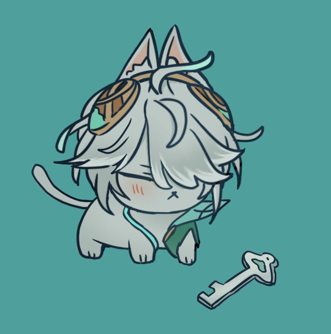 a cute anime character with white hair and a cat body is drawn in a chibi style. the character is wearing a green and white outfit and holding a key. they have a sad expression on their face. the background is a solid green.