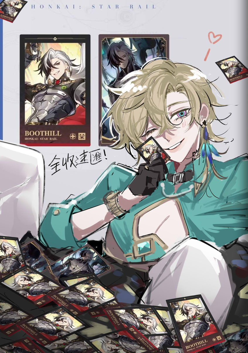 a young man with blond hair, wearing a light green shirt, is sitting surrounded by a bunch of cards, in a honkai: star rail themed image, the card's in the pile have the image of the character boothill. he is holding a card in his right hand and is smiling.
