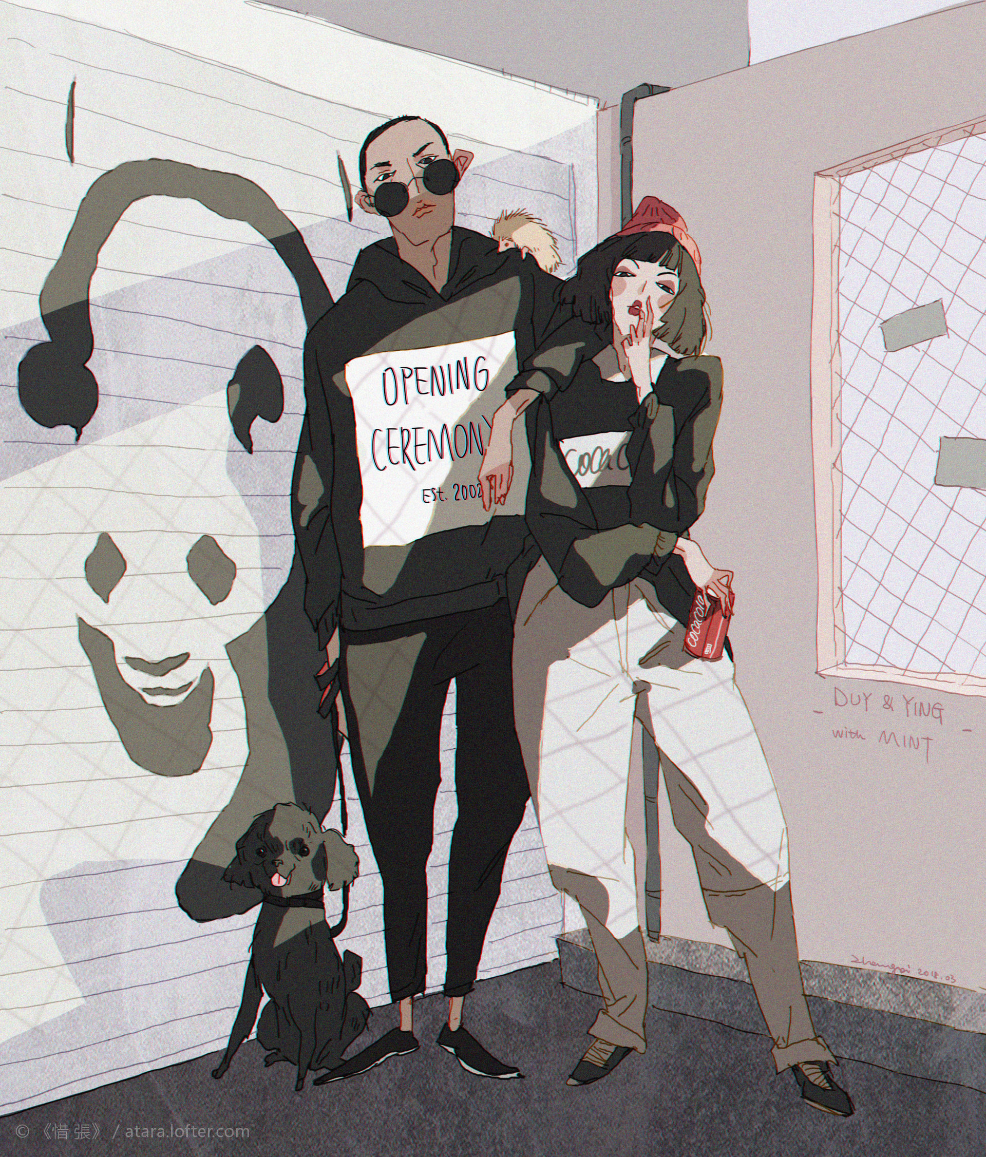 an illustration of two stylishly dressed characters standing next to each other. they are in front of a building with a sign that says "opening ceremony." the character on the left is wearing a black hoodie and black pants, while the character on the right is wearing a red beanie and a black shirt. there is a dog between them.  the characters look like they are in their early twenties and are smiling. the background is a city street with a brick building in the background. this illustration looks like it could be from a manga or anime style.
