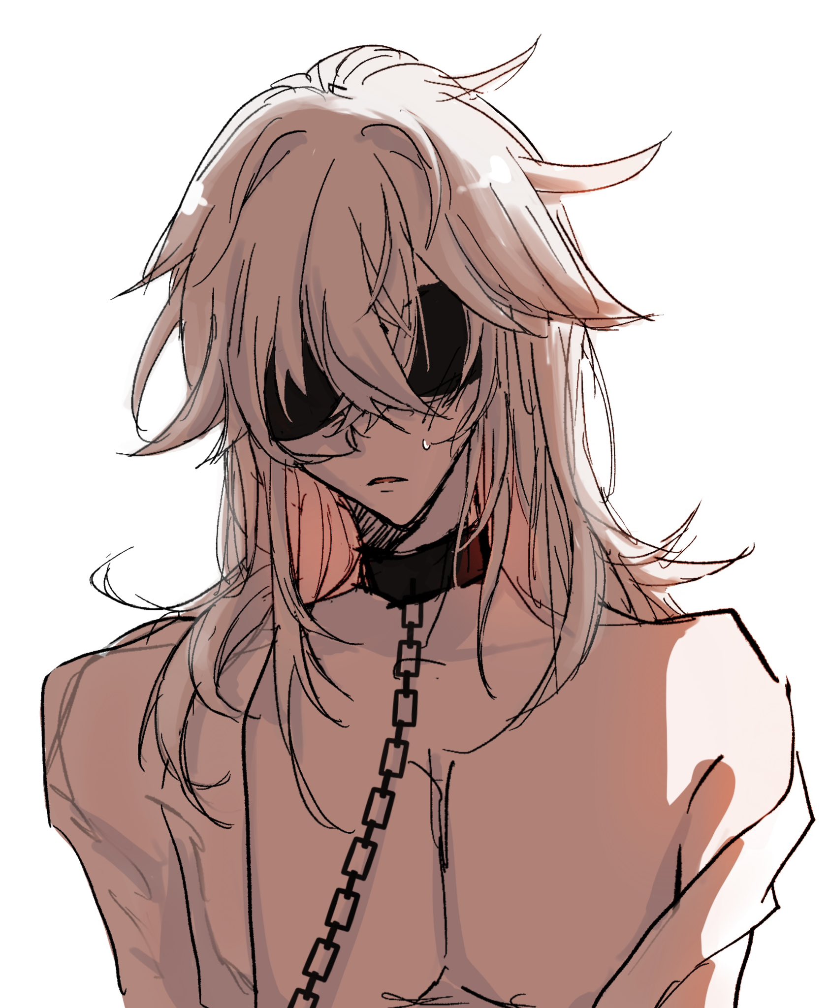 this is a digital illustration of an animestyle male character. he has long, white hair and is wearing a white shirt that is unbuttoned at the top, revealing his chest. the character is bound with a chain attached to a collar around his neck. he has a blindfold over his eyes, and he looks sad and upset. the character appears to be in a state of distress.