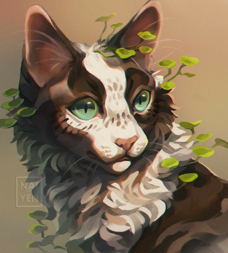 the image is a digital painting of a laperm cat. the cat is mostly white and brown, with long, curly fur.  it has vibrant green eyes.  small green plants and leaves are depicted growing around its neck and head, giving it a whimsical, natureinspired look. the style is highly detailed and painterly, with a focus on light and shadow to create a realistic yet artistic effect.  the background is a muted beige tone, which helps the cat stand out.  a small artist signature or watermark is visible in the lower left corner.