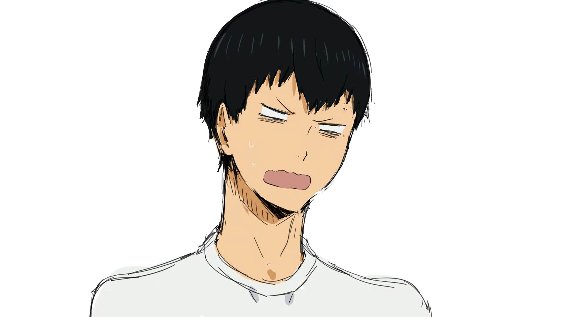 this is a digital drawing of a young man with short black hair, drawn in the style of anime or manga. he is shown from the chest up, his head turned slightly to the left and tilted down. he is wearing a white tshirt and has a confused or annoyed expression on his face with raised eyebrows and a slightly open mouth. there are beads of sweat on his face. the background is completely white. the overall style of the drawing is sketchy, with visible linework and shading.