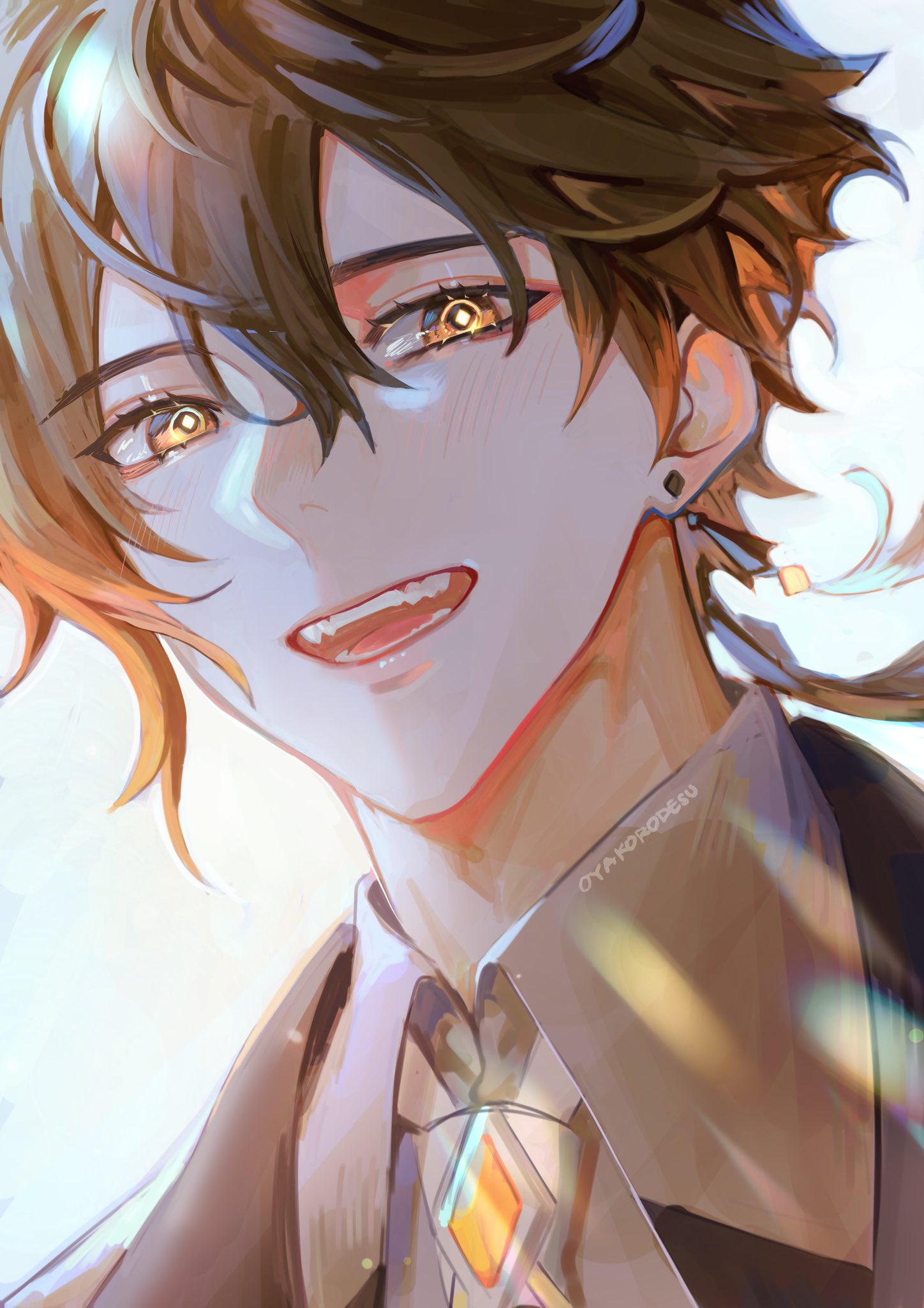 a closeup portrait of a smiling anime boy with brown hair, wearing a suit and tie. he has golden eyes and is illuminated by a bright light, creating a glow around him. he looks directly at the viewer, giving off a happy and confident aura.