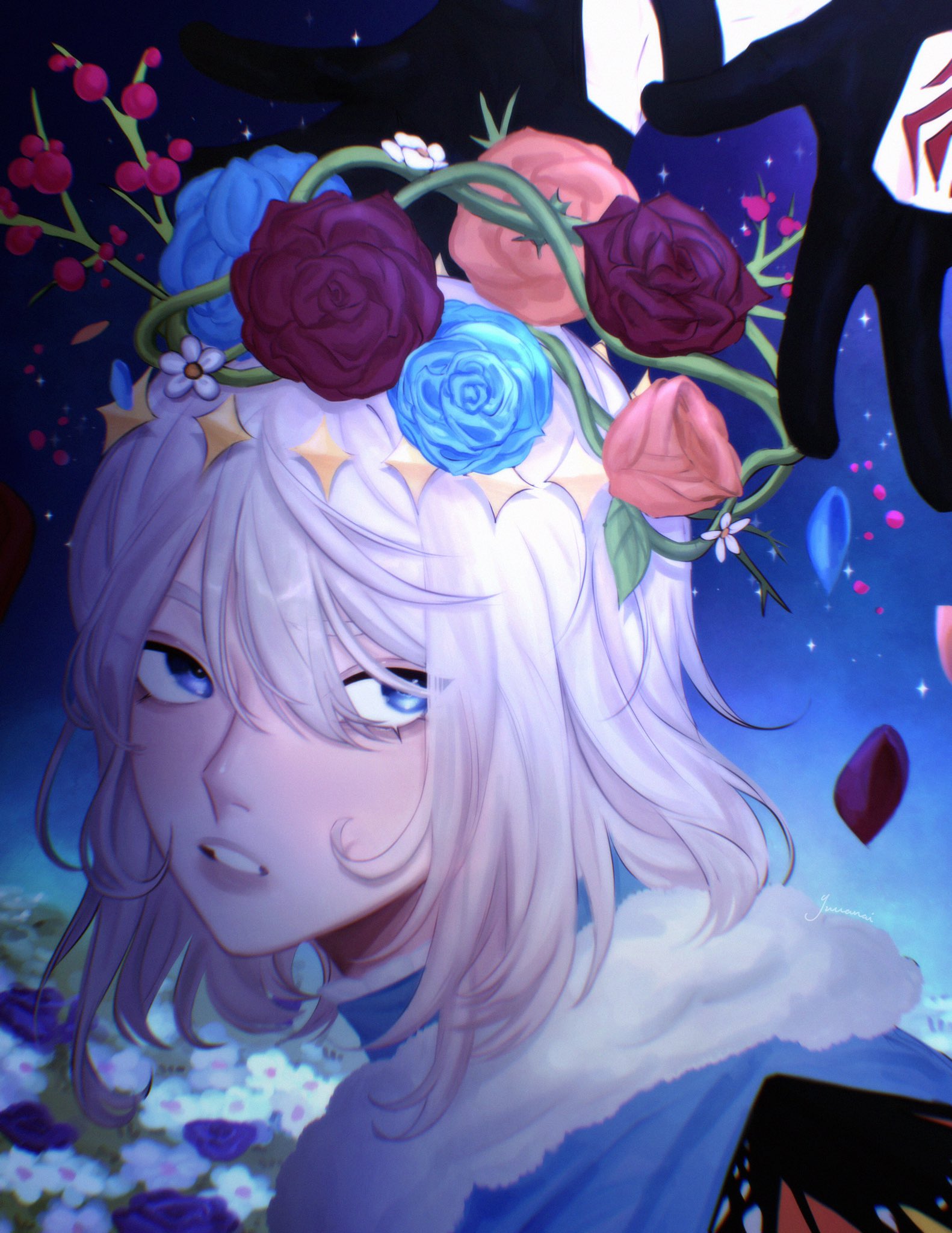 the image shows a beautiful anime girl with white hair and blue eyes. she is wearing a flower crown made of roses, and her hair is partially covering her face. the background is a starry night sky, and the girl is looking at the viewer with a mysterious expression. the overall tone of the image is magical and enchanting.