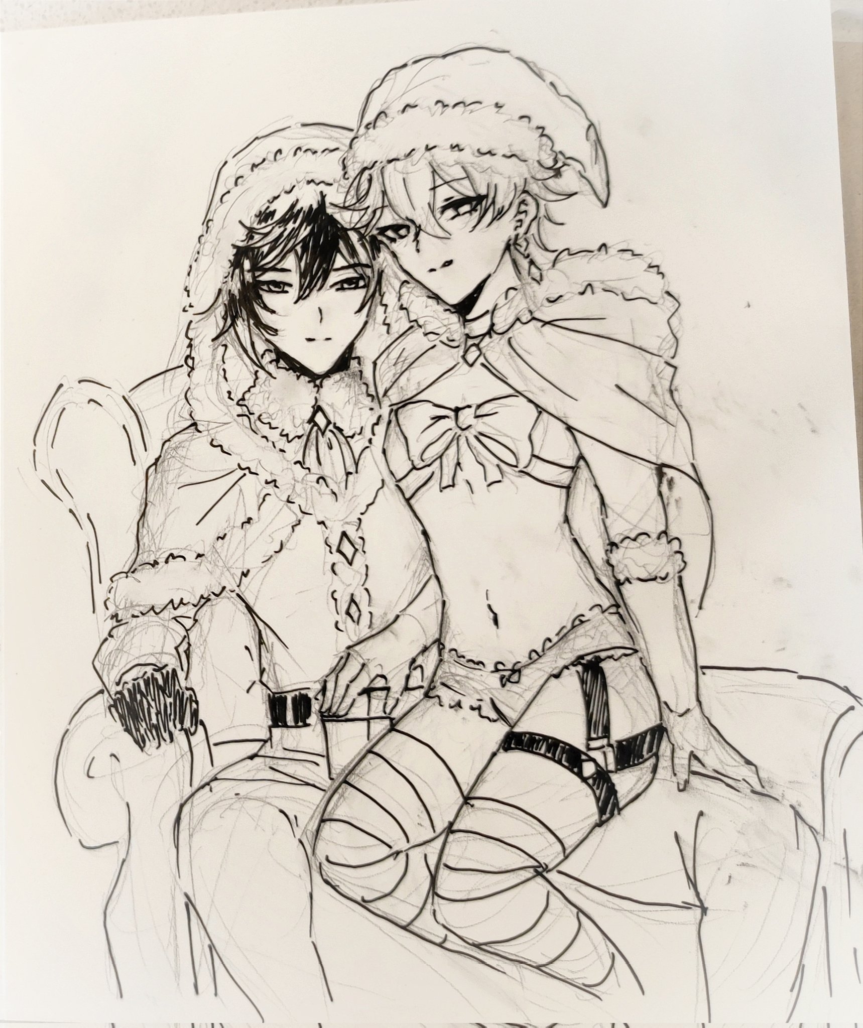 this is a drawing of a male and female couple in a festive christmas setting. the male is wearing a red santa suit with a white fur trim, and the female is wearing a red and white santa outfit with a black belt and black garter belt. they are sitting together on a chair, and the male has his arm around the female's waist. they both look very happy and content, and it is clear that they are in love.