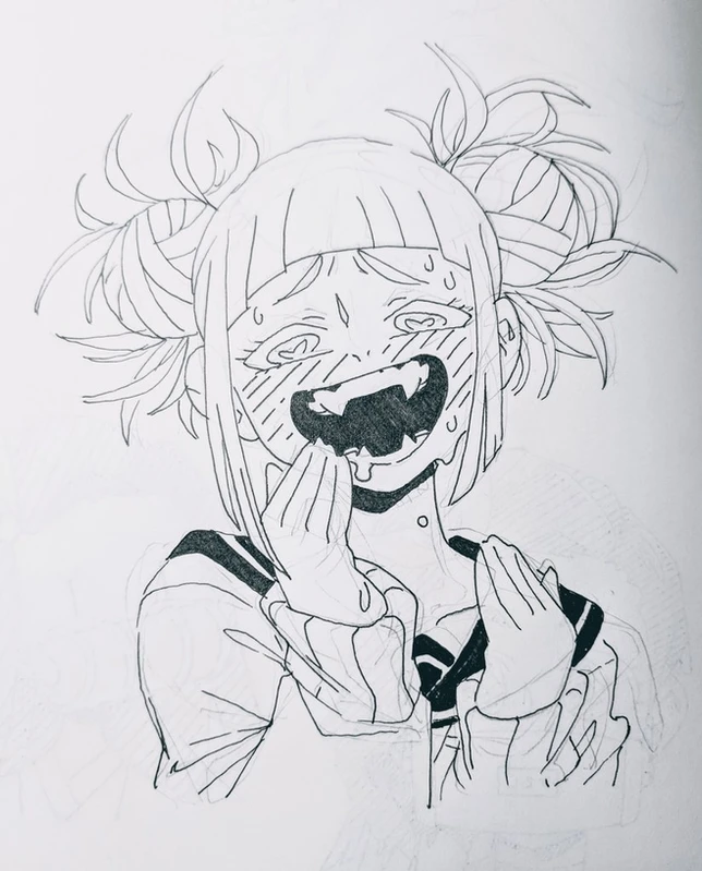 a black and white sketch of an anime girl with her hair in two buns, smiling with her mouth open and her eyes closed. she's wearing a school uniform with her hands in front of her, covering her mouth. the drawing is done in pen and ink.