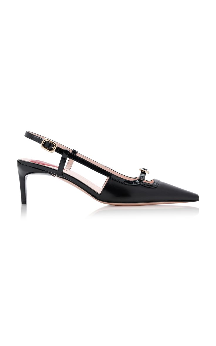 a pair of black leather slingback heels with a pointed toe. the shoes are elegant and formal, and would be perfect for a special occasion.