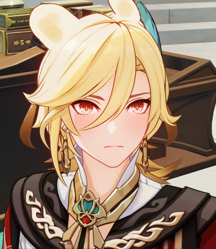 a closeup portrait of albedo, a male character from the popular video game genshin impact. albedo is known for his blond hair, red eyes, and white attire. he is depicted here with a serious expression and is looking directly at the viewer. his detailed clothing features gold jewelry and intricate patterns. the background of the image is a dimly lit room with bookshelves and a wooden desk. the lighting highlights albedo's face and hair. the overall aesthetic of the image is one of detail and beauty.