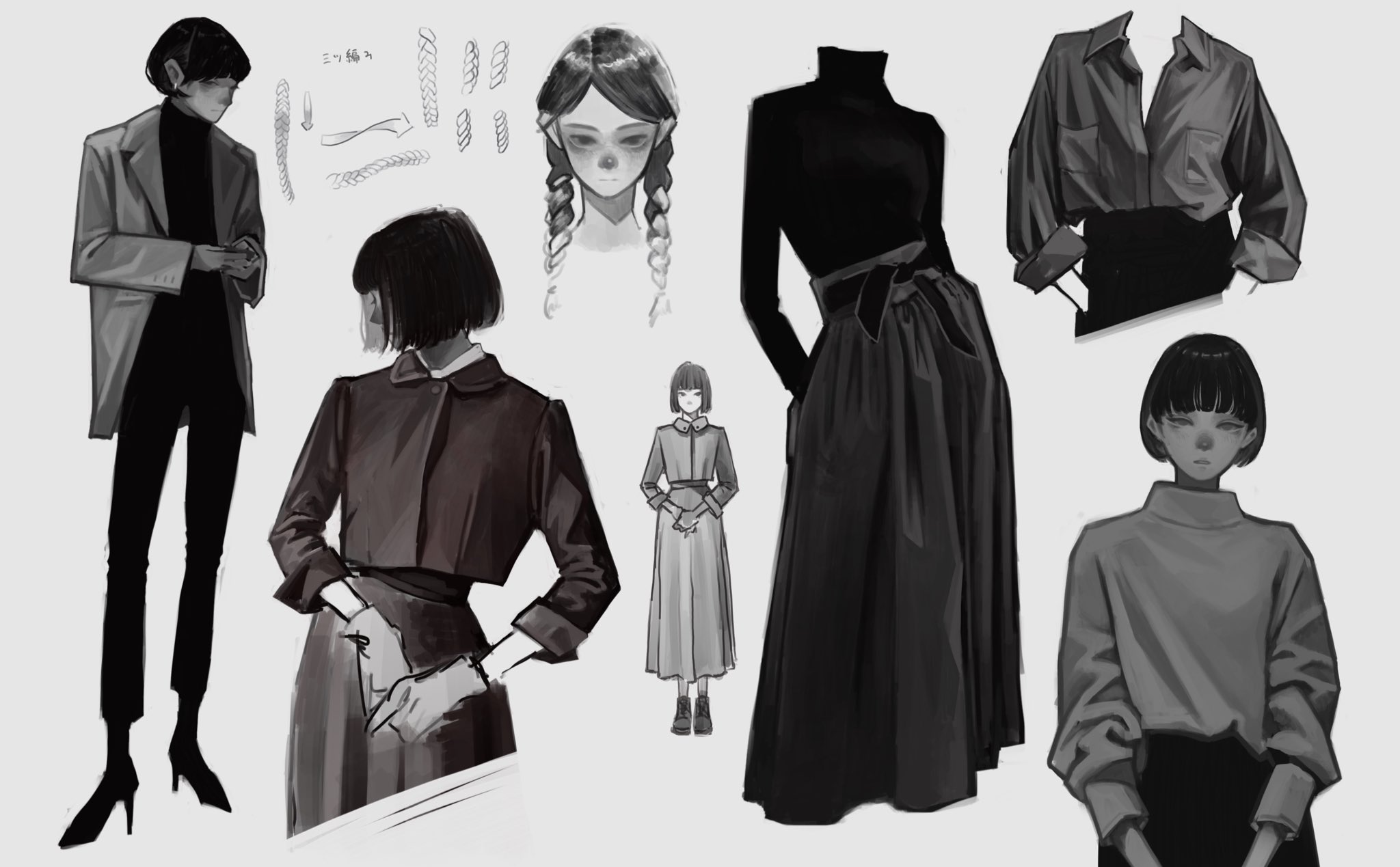 he image showcases a collection of grayscale fashion illustrations featuring various female characters and clothing items.  the style is reminiscent of anime or manga, with a focus on clean lines and shading to depict texture and form.  individual elements include sketches of different hairstyles (braids and bobs),  a woman in a coat and pants, another in a cropped jacket and skirt, a long black skirt with a top, a loose blouse and pants, a simple dress, and a sweater and pants outfit. the overall style is modern and minimalist, with an emphasis on the silhouette and draping of the clothes.  the variations in poses and clothing choices provide a variety of references for fashion design.