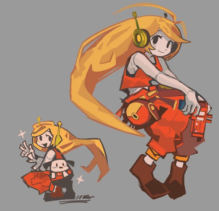 the image showcases a digital illustration featuring two versions of the same female character. the larger version displays a dynamic pose, with long blonde hair, red and orange clothing, and large headphones. she appears to be holding a device or gadget. the smaller version is a chibistyle depiction of the same character, maintaining the same color scheme and overall design but in a more simplified and compact form.  both characters exhibit a whimsical and playful style. the art style is animeinfluenced with bold lines and vibrant colors. the background is a simple, muted grey, focusing the attention on the characters themselves.  the art has a strong suggestion of a video game character's design.