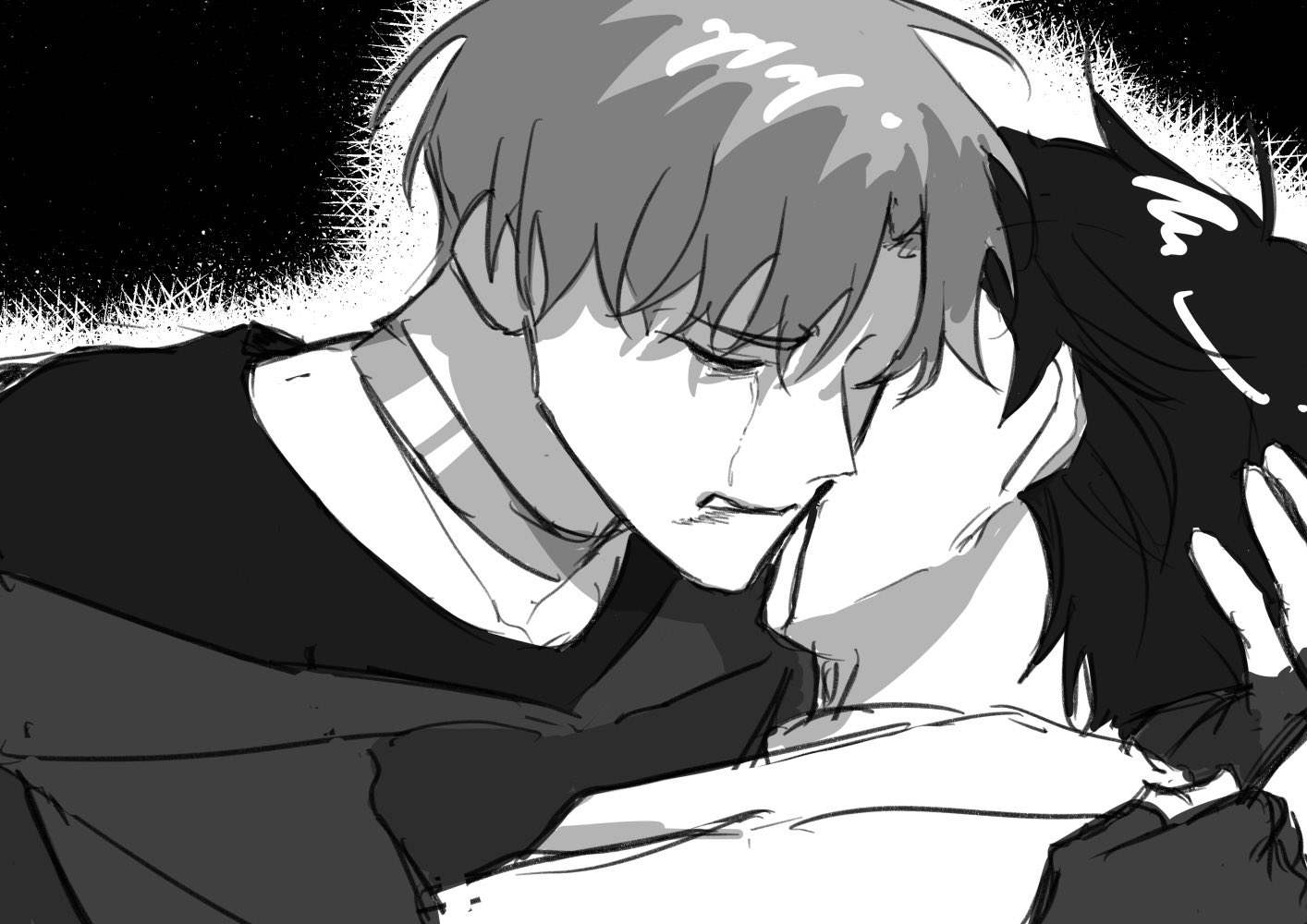 the image depicts a scene of two young men embracing in a moment of emotional distress. one of the men has tears running down his face, while the other man holds him close and appears to be comforting him. the image is drawn in a sketchy style, with soft black and white lines.  the background is a dark and blurry, focusing on the emotion of the moment.  the image conveys a sense of sadness and longing, but also one of love and support.