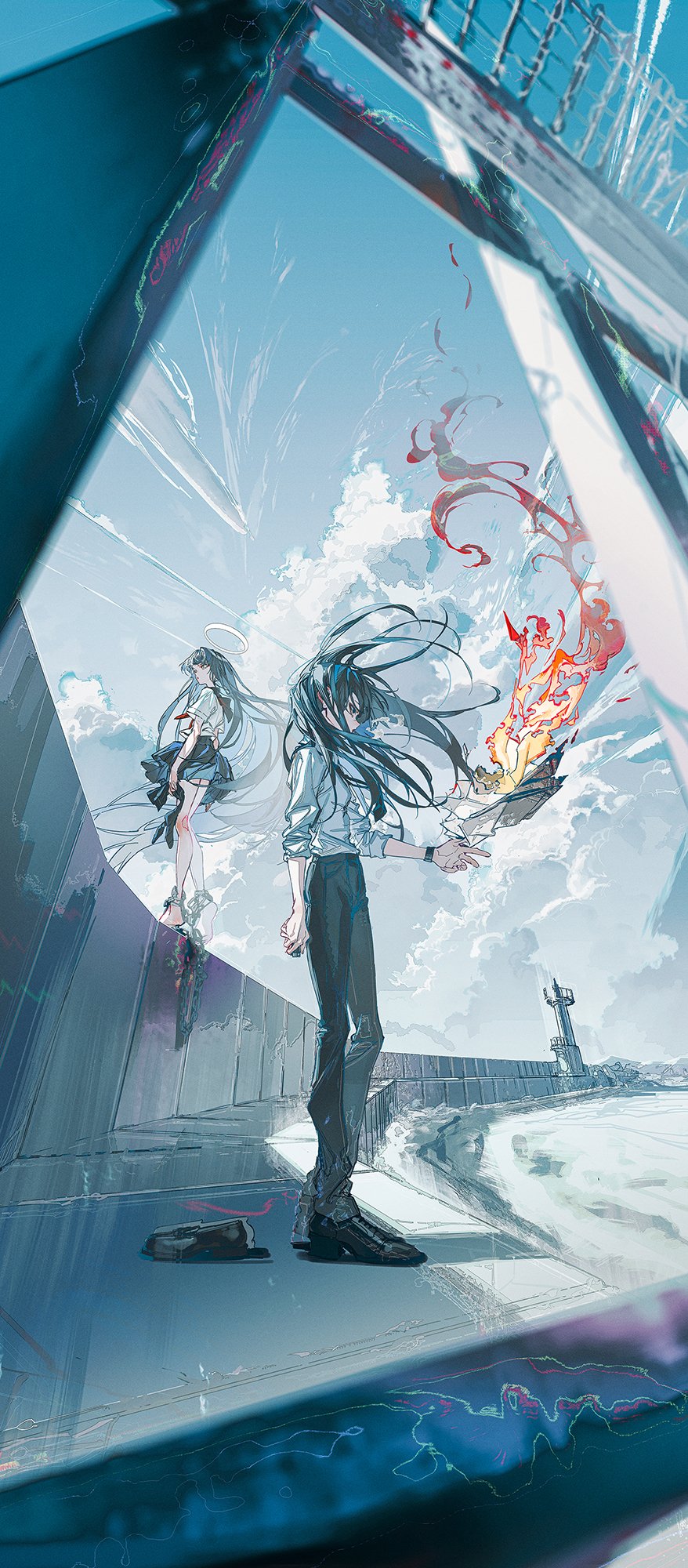 the image is of two anime girls. the girl on the left is in a white dress with blue trim and her hair is black with long white streaks. the girl on the right is wearing a white shirt and blue jeans and has long black hair. the girls are standing on a platform with a cityscape behind them. there is fire and smoke behind the girls, and the smoke is creating a red and orange swirl. the image is reflected in the window. the artwork is done in a digital art style, and it has a fantasy feel to it. the style of the artwork is detailed and vibrant.