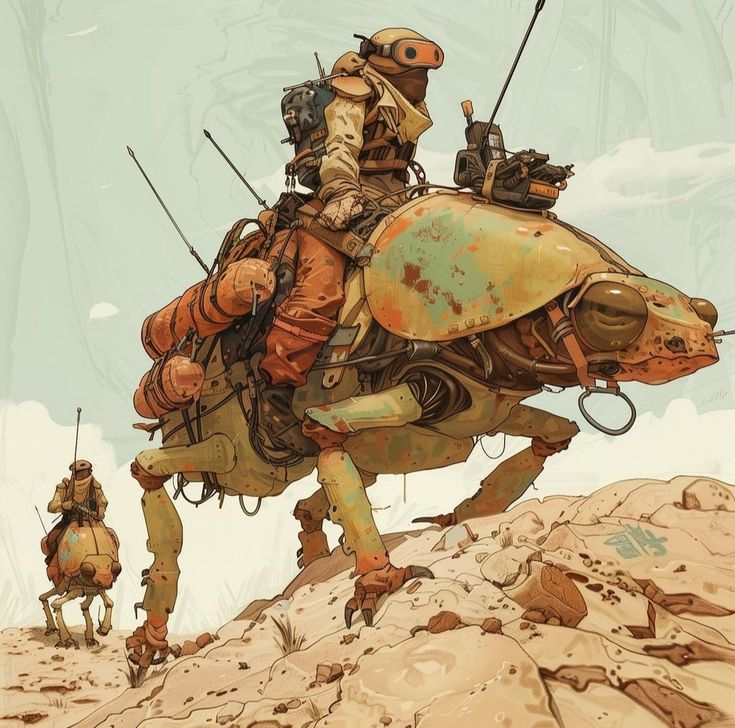 the image depicts two figures riding large, insectlike robotic mounts across a desolate, rocky landscape. the creatures appear to be mechanical adaptations, with visible gears, pipes, and a weathered, painted exterior. each rider is outfitted in similar attire, suggestive of a postapocalyptic or futuristic setting. the scene is bathed in a soft, natural light, emphasizing the vastness and harshness of the environment. the low angle perspective adds to the sense of scale and grandeur.