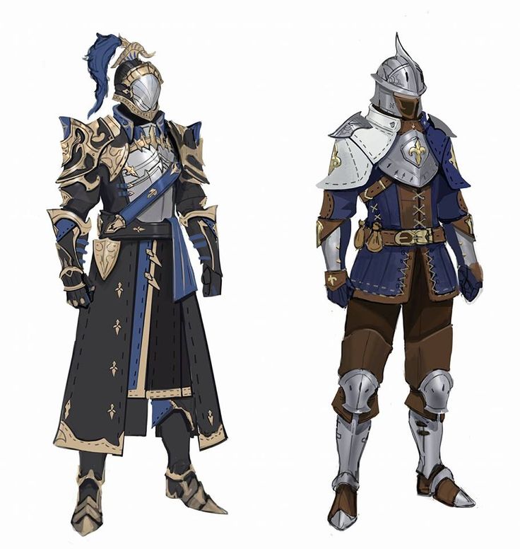 the image presents two distinct concepts for fantasy knight armor.  on the left is a depiction of a knight in elaborate, full plate armor. the armor is predominantly dark with blue and gold accents, featuring intricate detailing and a flowing blue sash. the helmet is closedfaced with a blue plume.the right side showcases a knight in lighter, less extensive armor. it's a mix of plate and padded armor, with blue and brown tones. this armor has a more practical and less ornate appearance, suggesting a different combat style or role than the fully plated knight on the left. both figures are standing in a threequarter view, allowing for a clear view of their attire.  the style is reminiscent of fantasy video game character design or concept art.