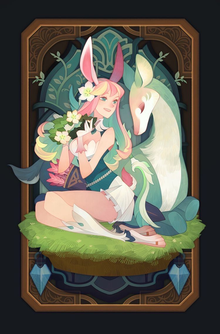 the illustration features a young woman with rabbit ears and pastel pink and green hair, adorned with a flower crown. she sits gracefully alongside a mythical, deerlike creature with flowing green hair and antlers. they are positioned within an ornate, cardlike frame embellished with floral and geometric designs. the scene exudes a magical and ethereal atmosphere, enhanced by the soft lighting and the harmonious color palette of greens, pinks, and creams.