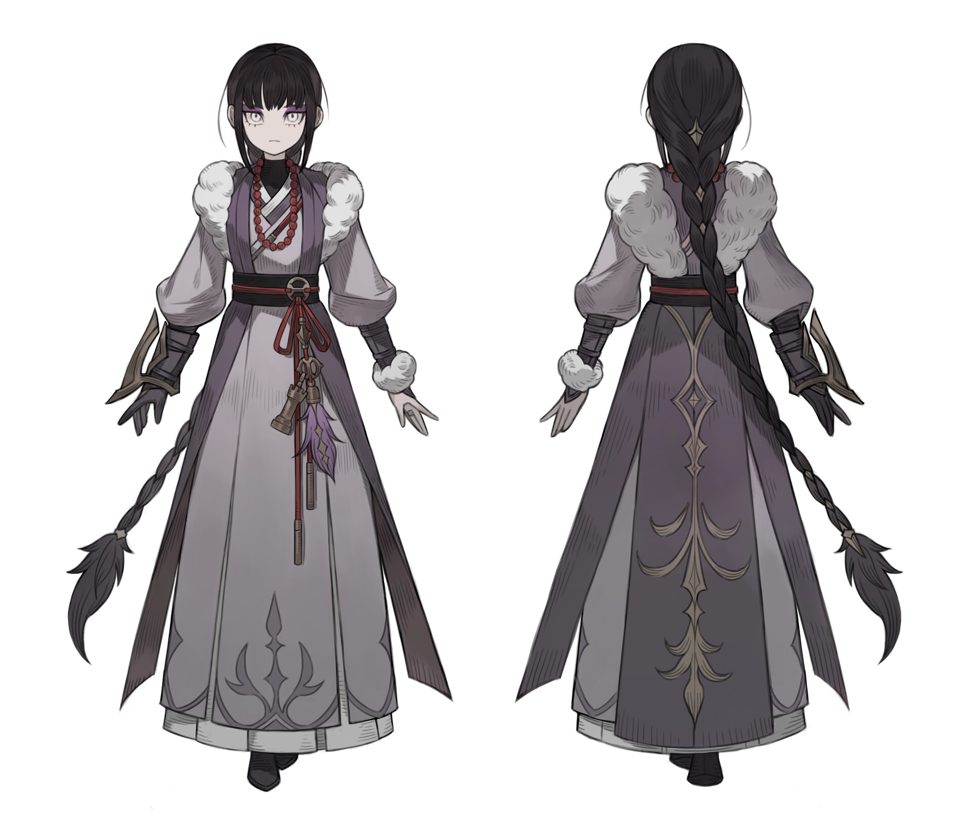 a digital illustration showcasing the front and back of a female character design. the character has long black hair styled in a braid, pale skin, and wears a long, flowing robe in shades of gray and white with gold accents. she has a decorative belt and wrist cuffs. the character is depicted against a plain white background.  the art style suggests a fantasy setting and the clothing has a vaguely east asian influence.