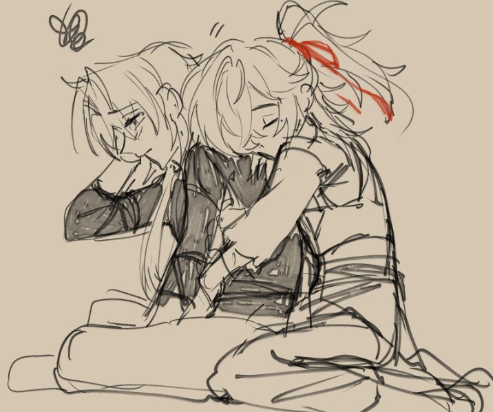 a sketch of two anime girls hugging each other. the girl on the left is leaning her head against the shoulder of the girl on the right. the girl on the right has her arms wrapped around the girl on the left and is holding her close. the girls are both wearing casual clothes and their expressions are sad. the sketch is done in black and white with some light brown shading. the background is a light brown color.
