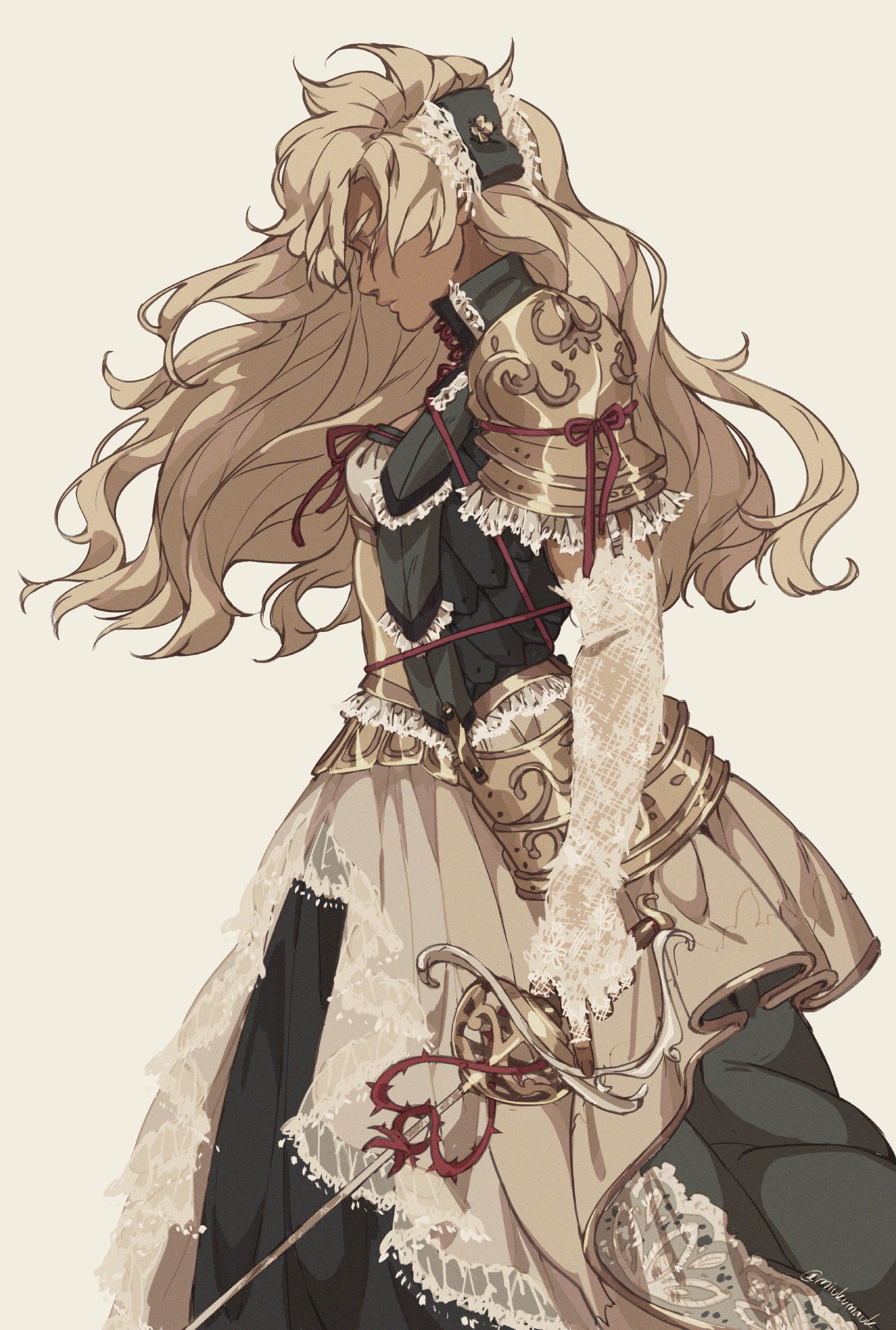 this is a digital illustration of an anime woman with long blonde hair wearing a white dress with lace and gold armor, she is holding a sword, and it looks like she is ready to fight. the image is in a fantasy style and is drawn in a digital art style.