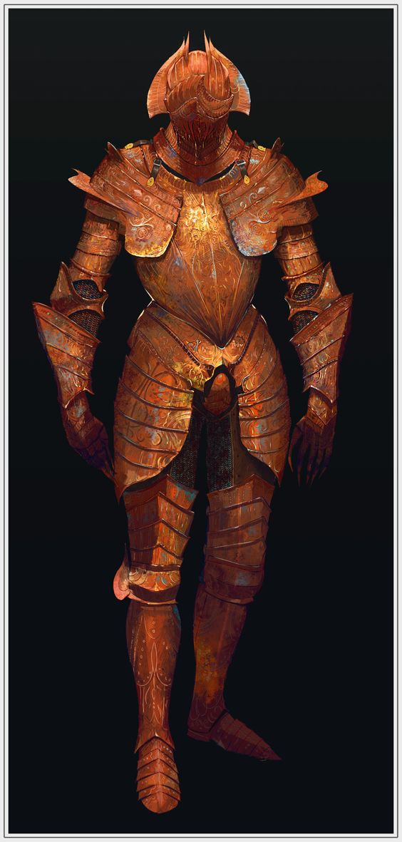 the image showcases a digitally painted knight clad in elaborate, ornate, coppertoned armor.  the knight stands against a stark black background, which emphasizes the intricate details of the armor. the lighting, resembling studio lighting, accentuates the metallic sheen and texture of the copper. the frontal perspective offers a complete view of the knight's imposing figure, highlighting the craftsmanship of the armor and the powerful presence it conveys.