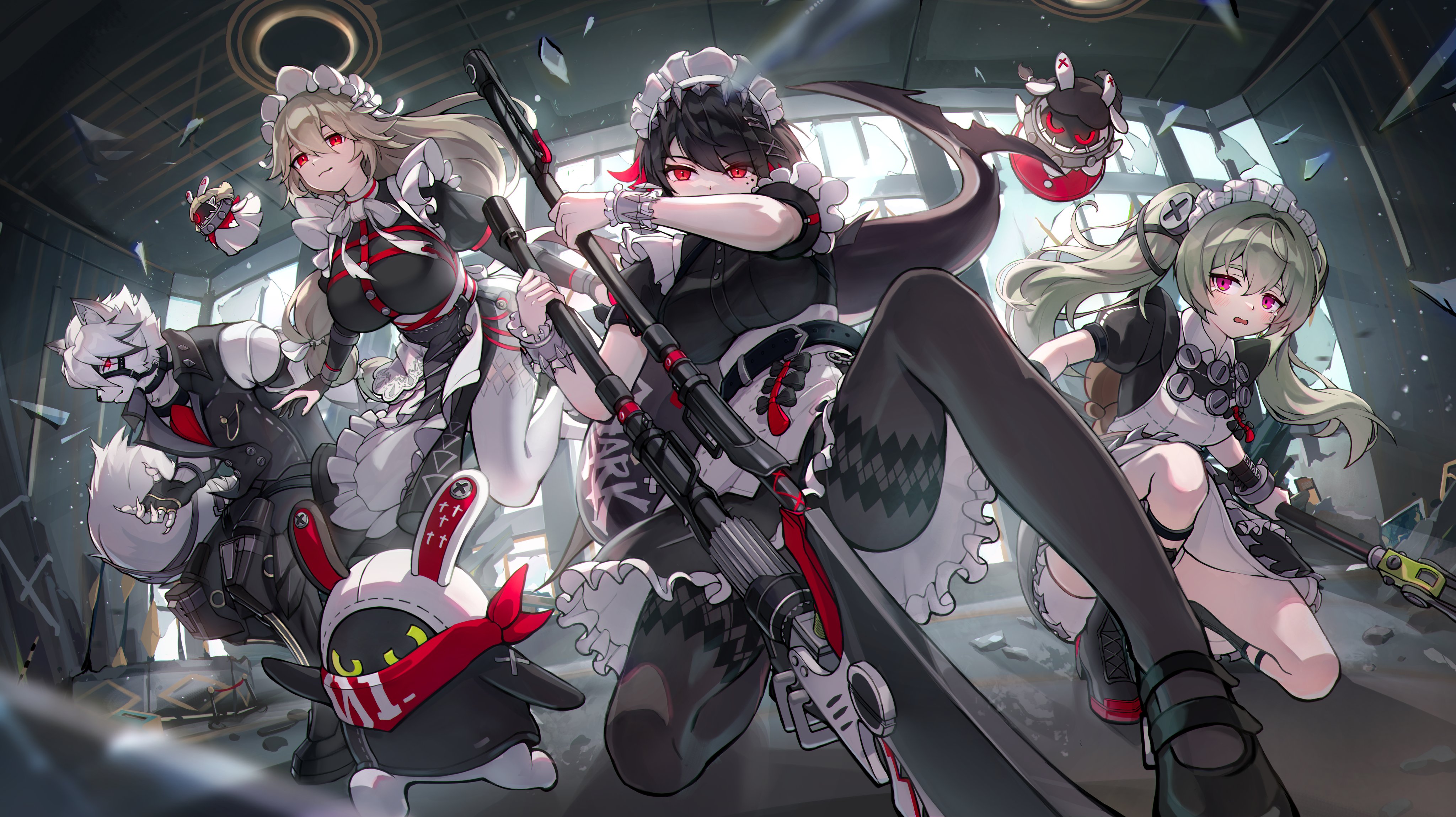 the image showcases a group of four girls, depicted in an anime art style. they are positioned dynamically within an abandoned, partially destroyed building.  each girl is dressed in a maid outfit with unique variations, and three of them wield weapons.  adding to the scene's intrigue are a person wearing a bunny head mask in the background and a black and white rabbit doll in the foreground. the image employs a low camera angle, resulting in a perspective that emphasizes the girls' powerful stances. furthermore, bright and dynamic lighting enhances the overall dramatic effect.