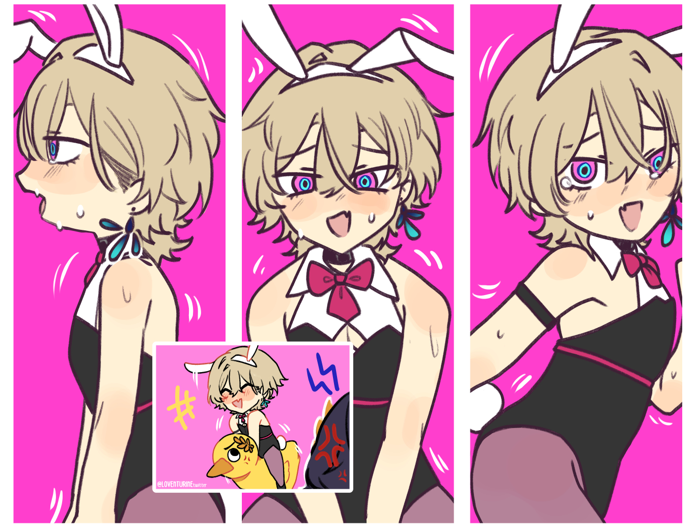 this is a digital drawing of an anime girl. she is drawn in a cartoon style, with large eyes and exaggerated features. she is wearing a bunny costume and has a blushing face. she is looking to the right side of the image, and her expression is one of shyness. the background is a bright pink color, with swirl lines around the girl. she is holding a chick with one hand in the middle, with a picture of a smaller version of her in the bottom left corner. this drawing is a great example of the cute and adorable style that is popular in anime and manga.