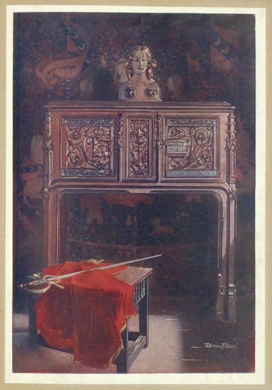 a painting of an interior scene. a highly ornate fireplace dominates the center of the image, with a cabinet built above the mantel. atop the cabinet sits a bust of a woman. behind the cabinet is a tapestry with a blurred image of a coat of arms. in front of the fireplace is a small table draped with a red cloth. a sword lies across the table. the painting is signed "edwin foley" in the lower right corner.