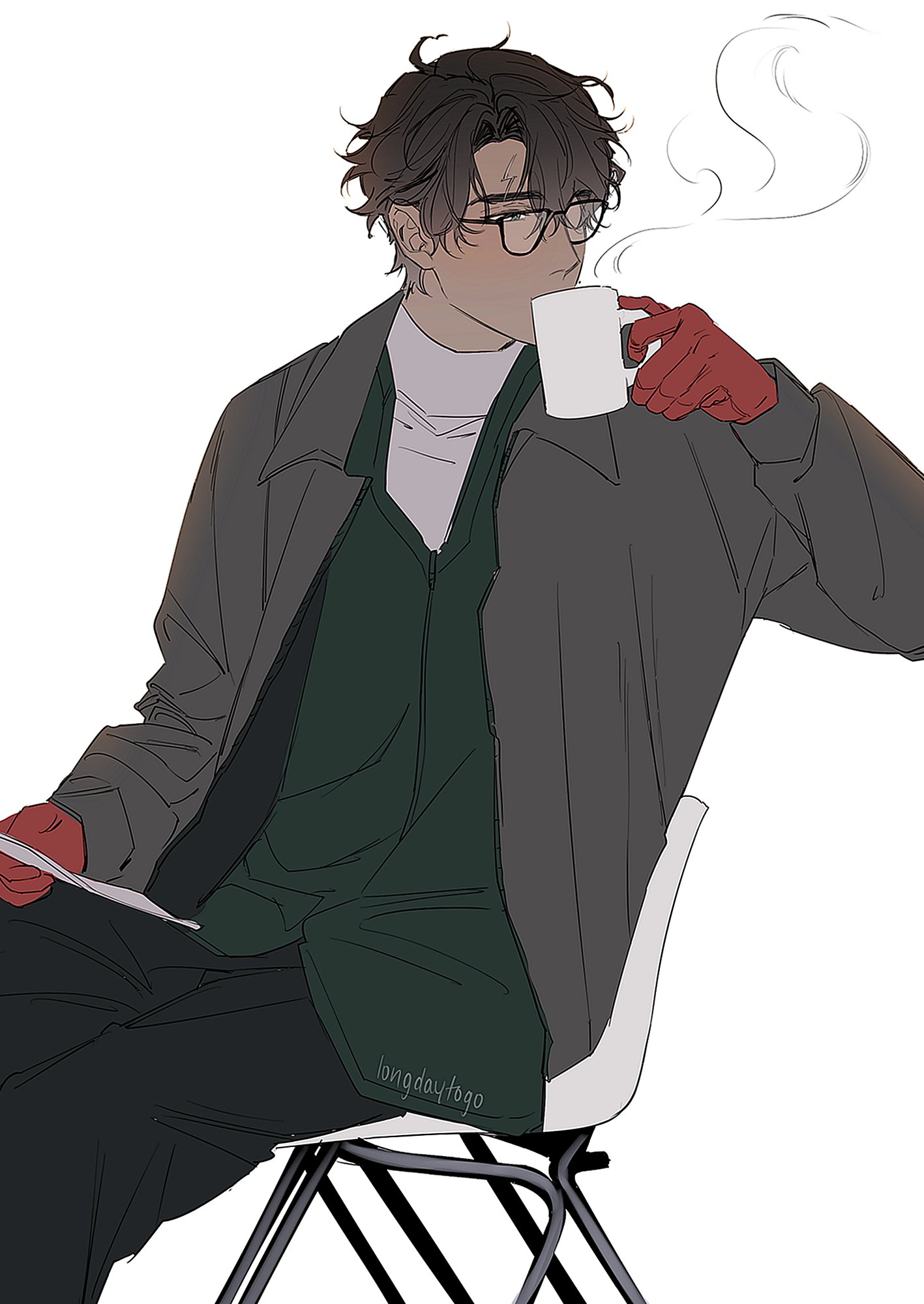 he image is a digital drawing of a young man with dark hair and glasses, sitting in a chair and holding a mug of coffee. he is wearing a gray coat over a dark green sweater, and red gloves on his left hand. the style is anime/manga inspired and the overall mood is calm and peaceful. the background is white, and there is steam coming from the mug.