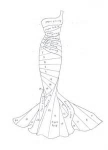 a sketch of a oneshoulder mermaidstyle dress is shown. the dress is divided into numbered sections, likely indicating pattern pieces. the bodice features "paper folding" and "paper pleating" details. the lower part of the dress includes instructions or notes like "forward fold". the overall design suggests a paperfoldinginspired fashion concept.
