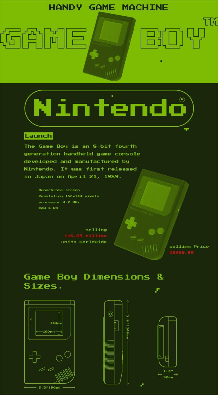 the image is an infographic detailing the game boy, a handheld game console developed by nintendo. it features images of the game boy, along with information about its launch date (april 21, 1959, in japan), its specifications (8bit, monochrome screen with 160x144 resolution), its dimensions, the number of units sold (115.69 million), and its selling price (us$69.99). the infographic has a retro, pixelated design in green and dark green colors.