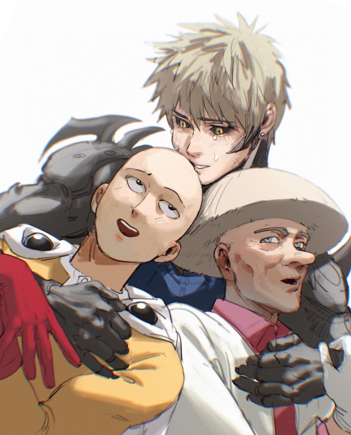 a digital illustration of three characters from the anime/manga series "one punch man". saitama, the main character, is in the foreground, with his arms around speedo'sound sonic, a supervillain.  tatsumaki, a powerful esper and saitama's rival, is in the background, her arms around sonic's. the scene is drawn in a bright and colorful style.