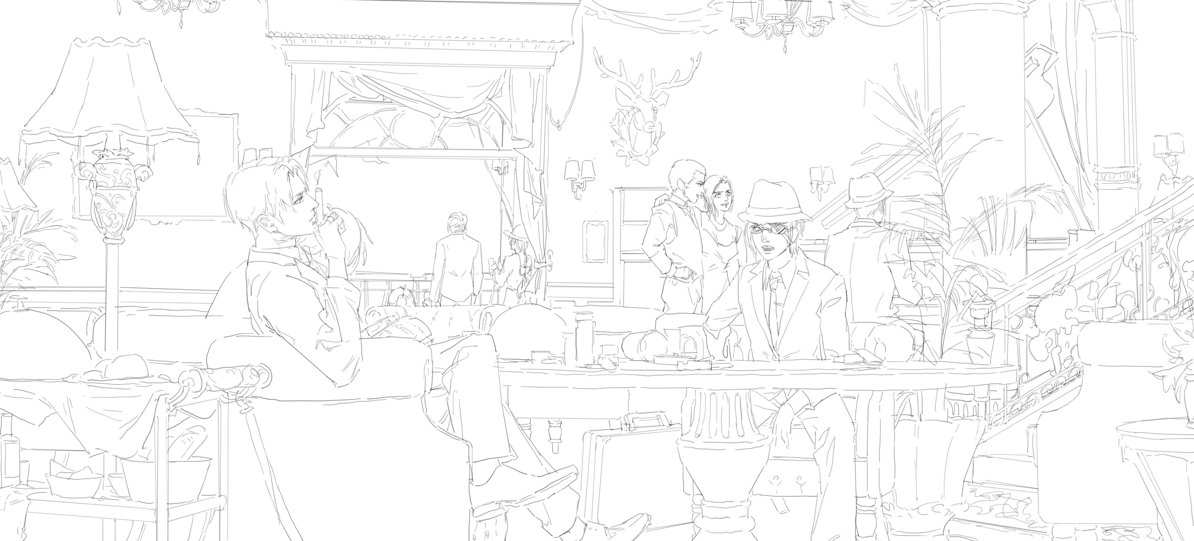 a black and white line art drawing of a vintage interior scene possibly set in the 1920s or 30s, featuring men in suits and fedoras. one man is smoking while lounging in a chair, while another sits at a table. in the background, there is a group of people standing near a balcony, and others are walking up a staircase. the interior is decorated with a chandelier, plants, and vintage furniture. the scene depicts a gathering that suggests a meeting or social event involving mobsterlike figures.