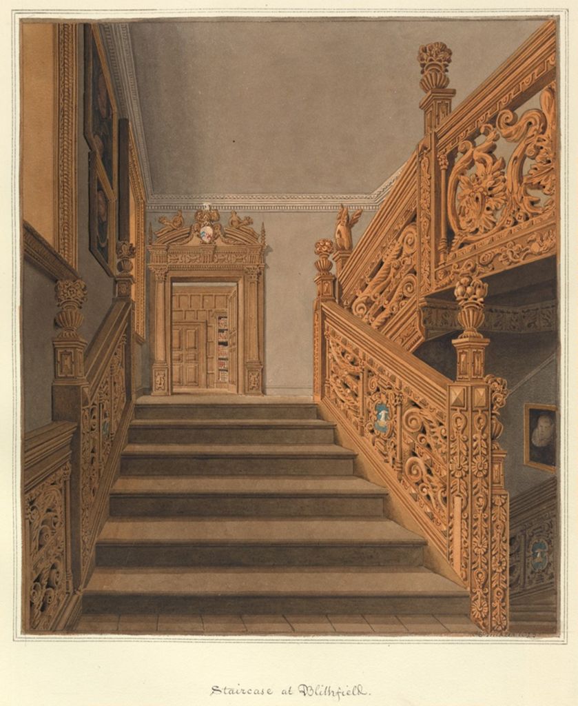 the image depicts an ornate wooden staircase inside blithfield hall. the staircase features intricate carvings, balustrades, and decorative elements. steps lead up to a closed door with a carved lintel. the interior includes a painting on the wall and demonstrates historical architectural design and skilled craftsmanship.