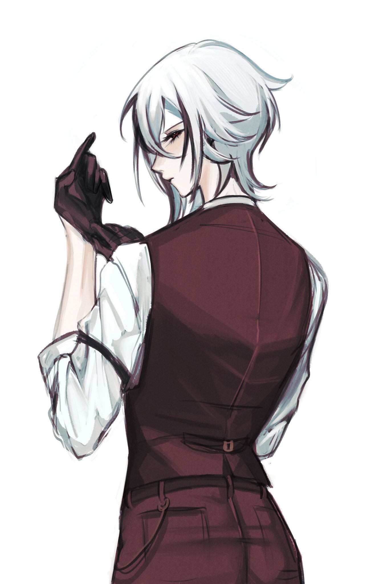 the illustration is of an anime character. he is a young man with white hair and black gloves. he is wearing a red vest and white shirt and is looking down at his hands. his back is to the viewer and the image is drawn in a sketchy style.