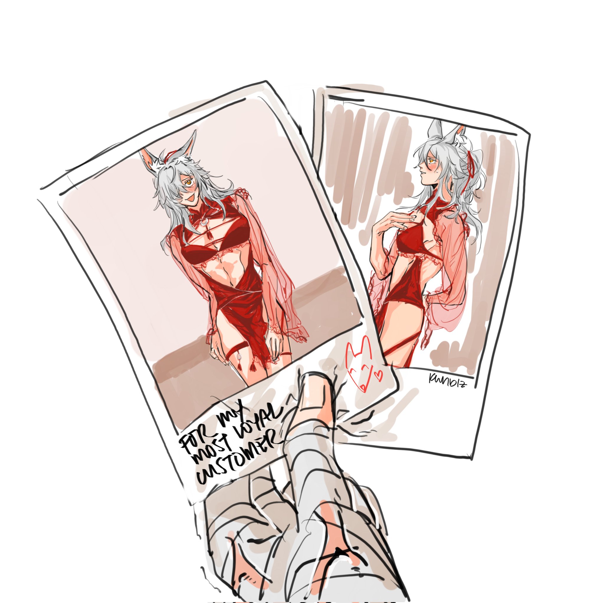 an anime girl with white hair, wearing a red dress, holds two polaroid photos in her hand, the first picture shows the same girl in a slightly different pose. the second picture shows a heart with a fox inside it. the pictures are captioned, "for my most loyal customer". the picture is drawn in a cartoon style and is very cute and flirty. the girl's expression is happy and playful and the overall vibe of the image is lighthearted and romantic.