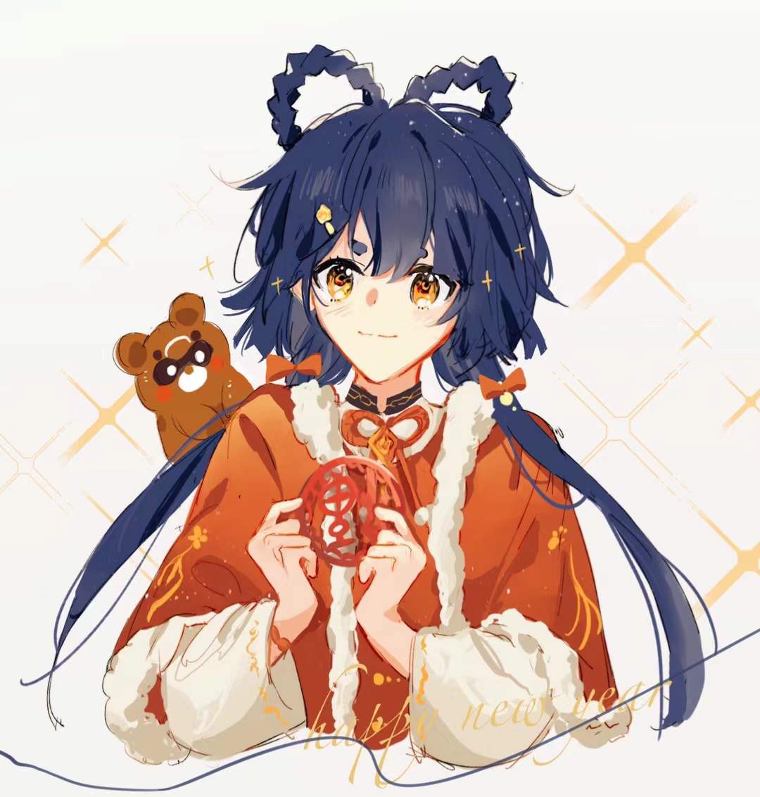 this digital illustration features an animestyle girl with long blue hair in pigtails. she is wearing a red and gold chinese dress and holding a red ball with chinese characters on it. she is smiling and looks very happy. there is a cute little bear sitting on her shoulder. in the background, there are white crosses on a yellow background, which create a sense of celebration and happiness. the phrase "happy new year" is written in a bubbly font at the bottom of the image, suggesting this is a celebratory illustration for the chinese new year.