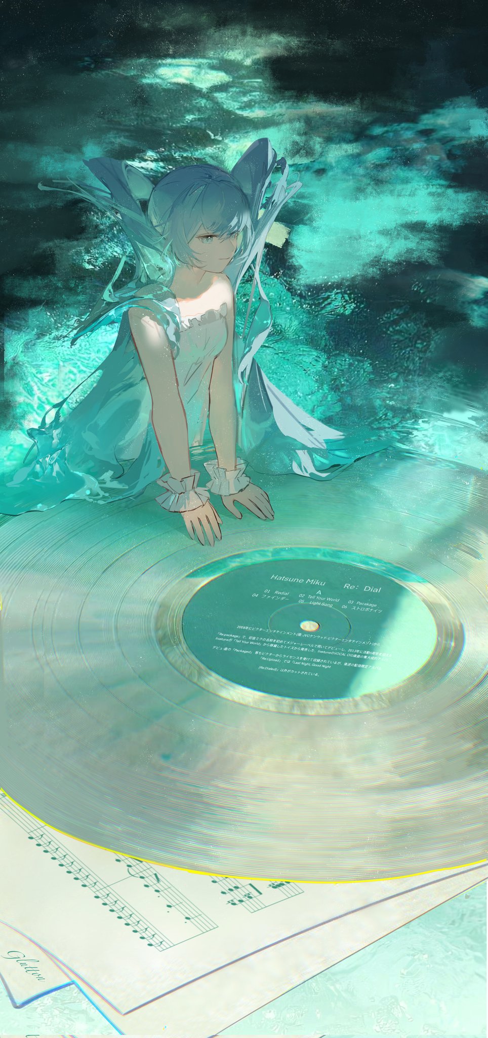 the image depicts an animestyle girl with long blue hair, submerged in tealcolored water. she is wearing a flowing white dress and appears to be resting on a large vinyl record.  a music sheet lies partially visible beneath the record. the overall style is ethereal and serene, emphasizing a dreamy, fantasylike atmosphere. the color palette is predominantly cool, with varying shades of blue, green, and aqua creating a sense of depth and tranquility. the light seems to be filtering through the water, highlighting the girl and the record. the scene is both visually striking and emotionally evocative, suggesting a connection between the girl, the music, and the underwater environment.